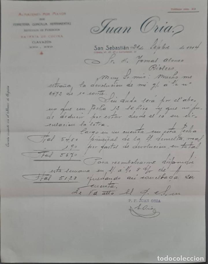 Lettres commerciales: Juan Oria. Almac&eacute;n por mayor de Ferreter&iacute;a, Quincalla y Herramientas. San Sebasti&aacute;n. Espa&ntilde;a 1914