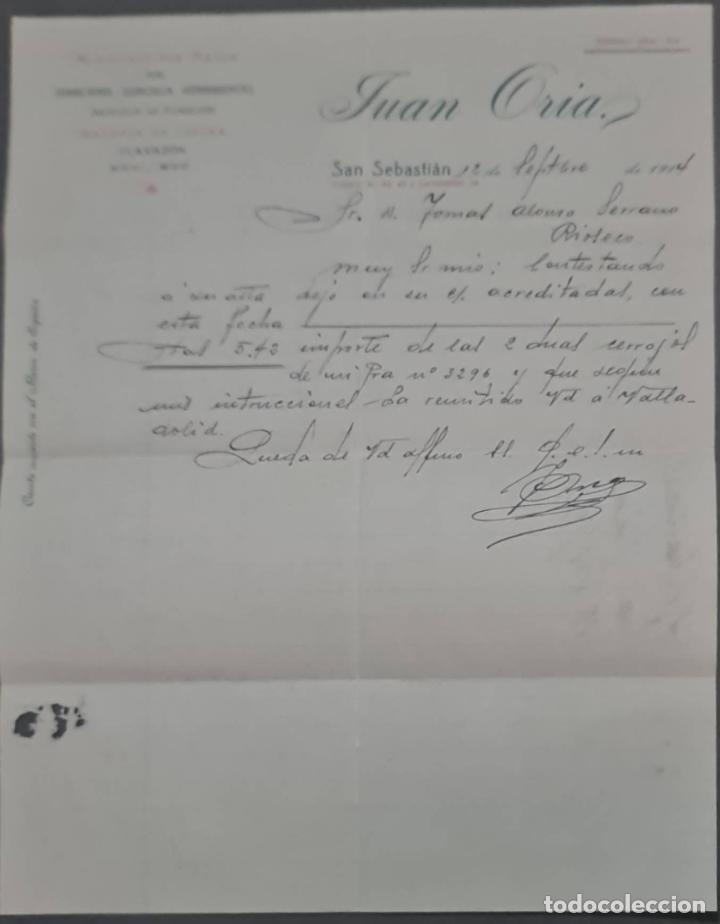 Lettres commerciales: Juan Oria. Almac&eacute;n por mayor de Ferreter&iacute;a, Quincalla y Herramientas. San Sebasti&aacute;n. Espa&ntilde;a 1914