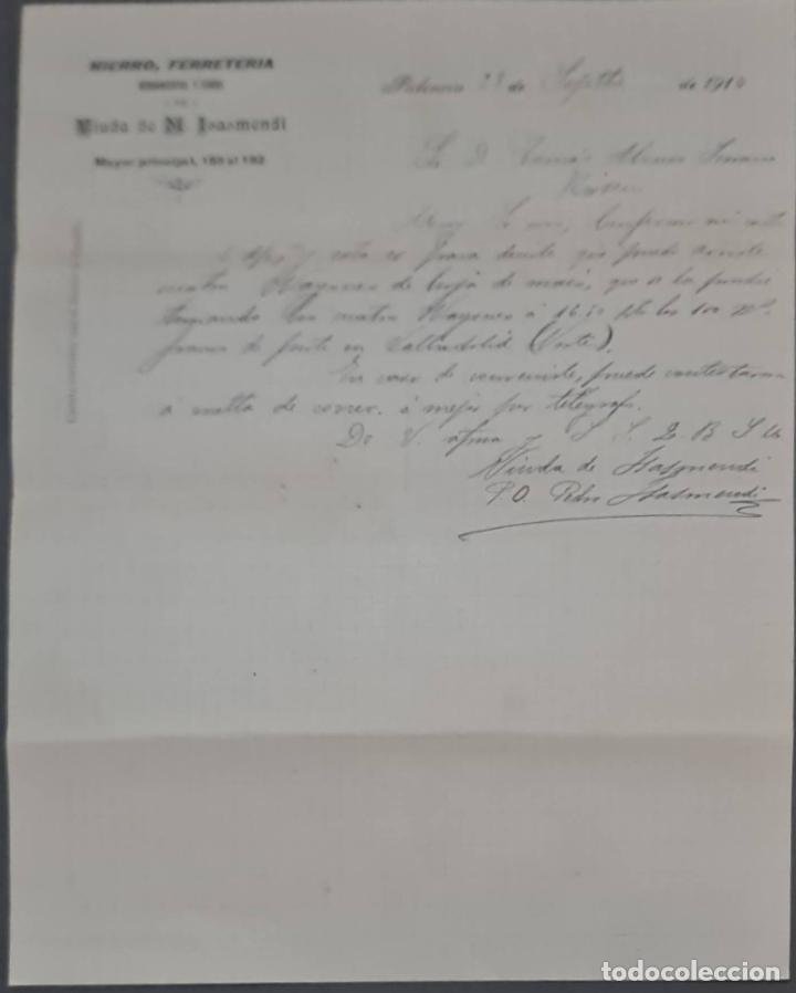 Lettres commerciales: Viuda de M. Isasmendi. Hierro y Ferreter&iacute;a. Palencia. Espa&ntilde;a 1914