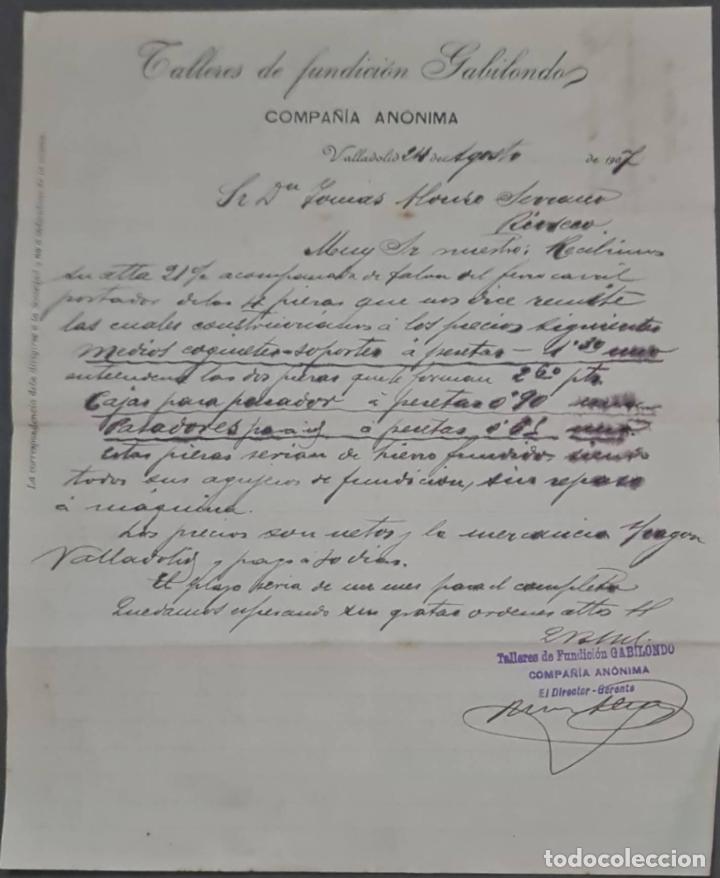 Lettres commerciales: Talleres de Fundici&oacute;n Gabilondo. Compa&ntilde;&iacute;a An&oacute;nima. Valladolid. Espa&ntilde;a 1907
