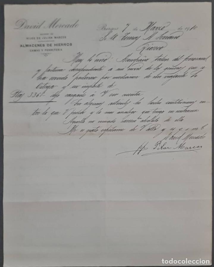 Lettres commerciales: David Mercado. Suc. de Hijos de Juli&aacute;n Marcos. Almacenes de hierros, camas y ferreter&iacute;a. Burgos 1910