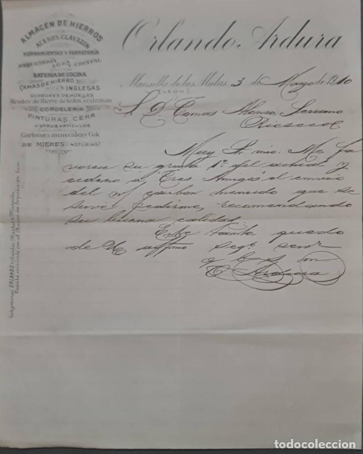 Lettres commerciales: Orlando Ardura. Almac&eacute;n de hierros. Herramientas y Ferreter&iacute;a. Le&oacute;n. Espa&ntilde;a 1910