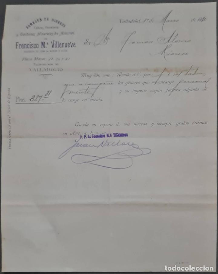Lettres commerciales: Franc&iacute;sco M&ordf; Villanueva. Almac&eacute;n de hierros, cobres y Ferreter&iacute;a. Valladolid. Espa&ntilde;a 1910
