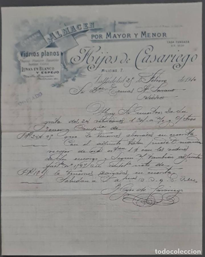 Lettres commerciales: Hijos de Casariego. Almac&eacute;n por Mayor y menor. Vidrios planos. Valladolid. Espa&ntilde;a 1910