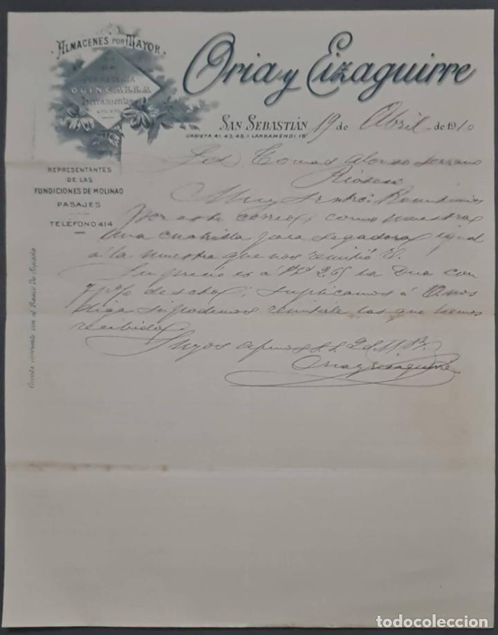 Lettres commerciales: Oria y Eizaguirre. Almacenes por Mayor. San Sebasti&aacute;n. Espa&ntilde;a 1910