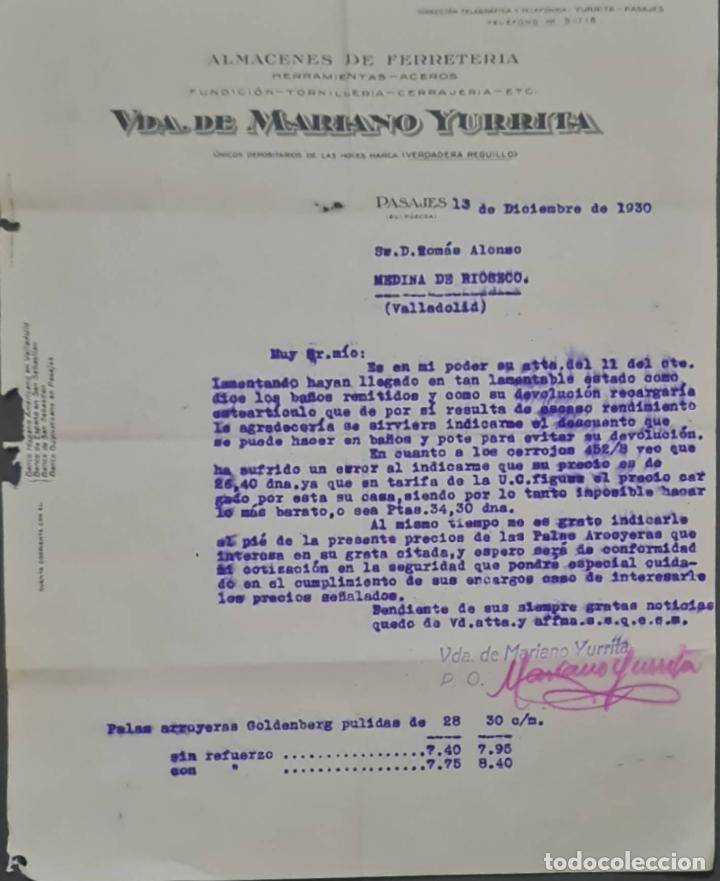 Lettres commerciales: Vda. de Mariano Yurrita. Almacenes de Ferreter&iacute;a. Pasajes. Guip&uacute;zcoa. Espa&ntilde;a 1930