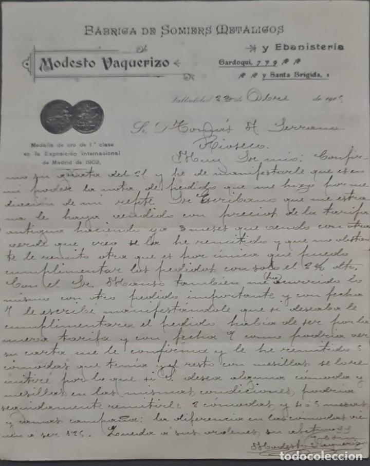 Lettres commerciales: Modesto Vaquerizo. F&aacute;brica de somiers met&aacute;licos y Ebanister&iacute;a. Valladolid. Espa&ntilde;a 1905