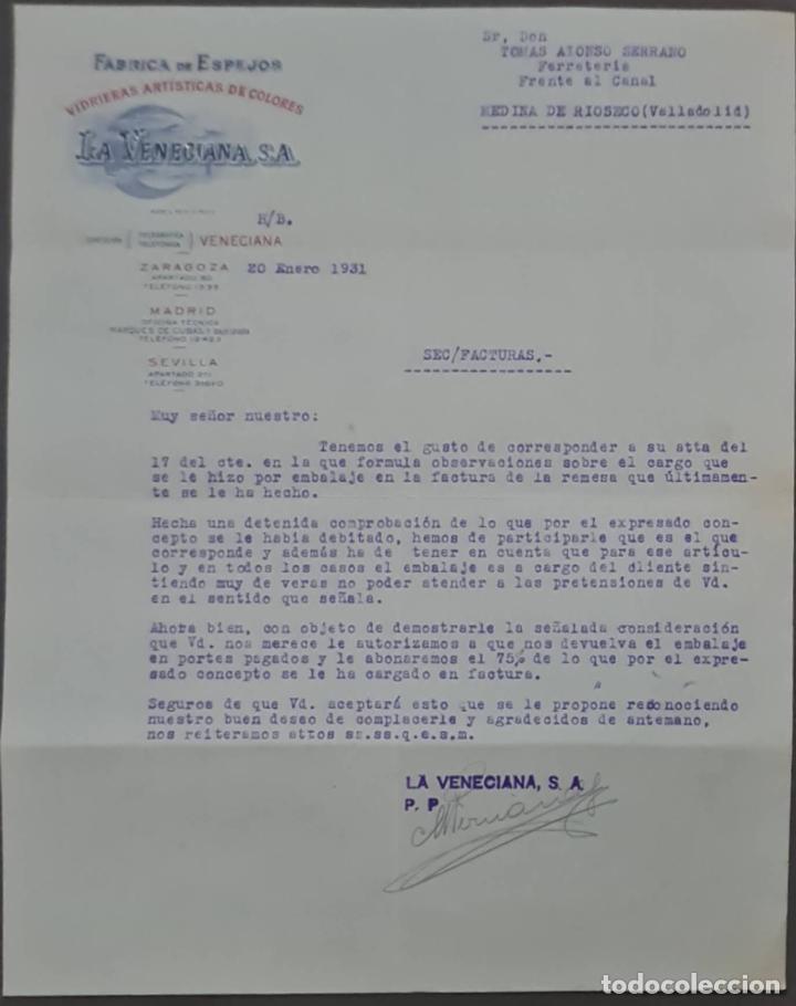 Cartas comerciais: La Veneciana S.A. F&aacute;brica de espejos y vidrieras. Zaragoza. Espa&ntilde;a 1931