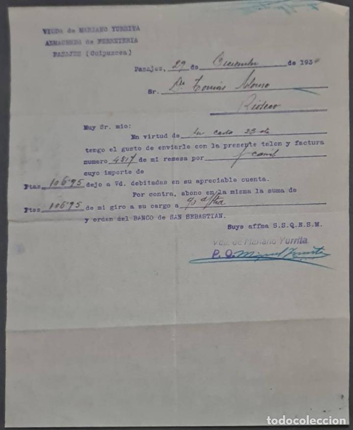 Cartas comerciais: Viuda de Mariano Yurrita. Almacenes de Ferreter&iacute;a. Guip&uacute;zcoa. Espa&ntilde;a 1930