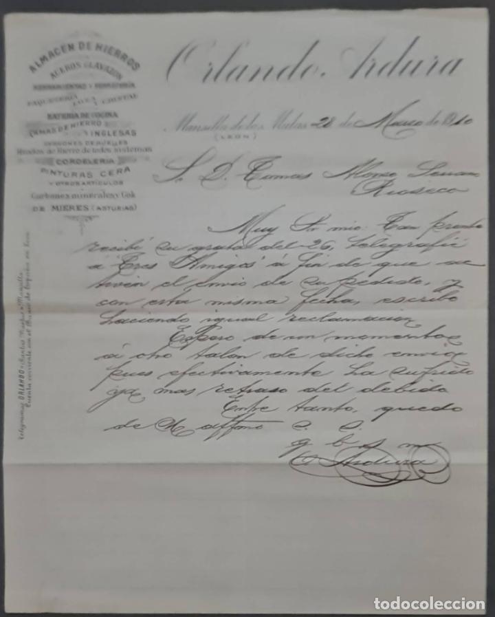 Cartas comerciais: Orlando Ardura. Almac&eacute;n de hierros. Herramientas y Ferreter&iacute;a. Le&oacute;n. Espa&ntilde;a 1910