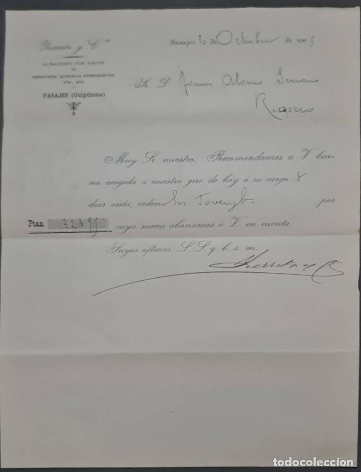 Cartas comerciais: Yurrita y C&iacute;a. Almacenes al por mayor de Ferreter&iacute;a, quincalla y herramientas. Pasajes. Espa&ntilde;a 1905