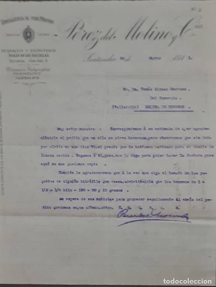Cartas comerciais: P&eacute;rez del Molino y C&iacute;a. Droguer&iacute;a al por mayor. Santander. Espa&ntilde;a 1911