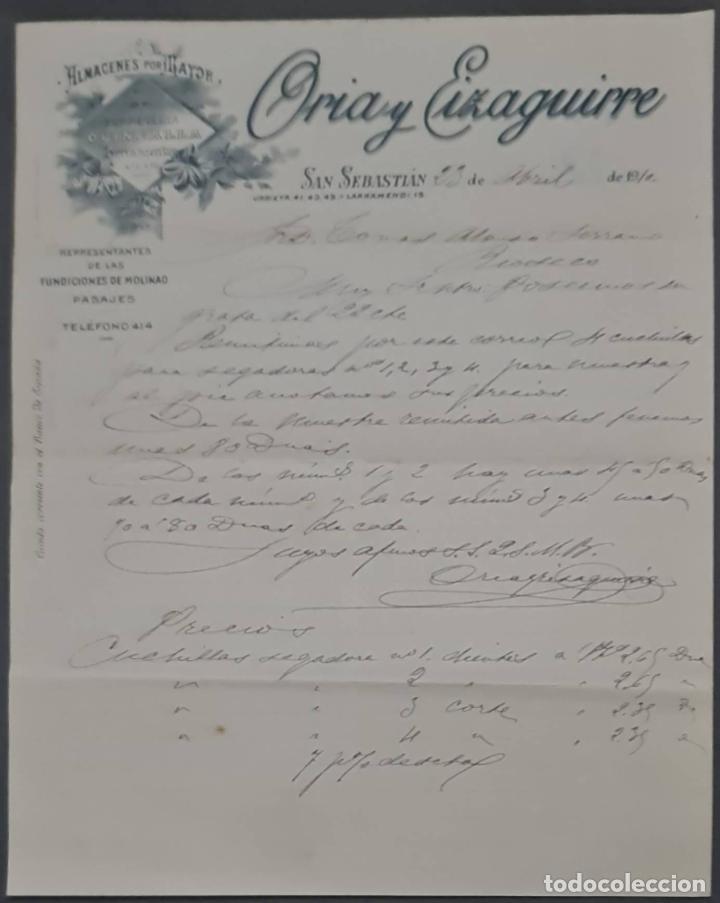 Cartas comerciais: Oria y Eizaguirre. Almacenes por Mayor. San Sebasti&aacute;n. Espa&ntilde;a 1910