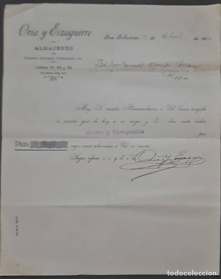 Cartas comerciais: Oria y Eizaguirre. Almacenes por Mayor. San Sebasti&aacute;n. Espa&ntilde;a 1910