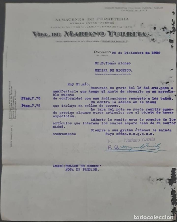 Cartas comerciais: Vda. de Mariano Yurrita. Almacenes de Ferreter&iacute;a. Pasajes. Guip&uacute;zcoa. Espa&ntilde;a 1930