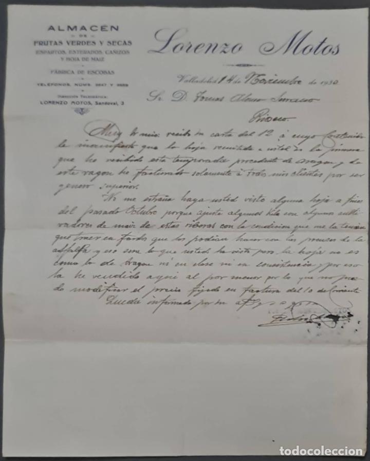 Cartas comerciais: Lorenzo Motos. Almac&eacute;n de frutas verdes y secas. Valladolid. Espa&ntilde;a 1930