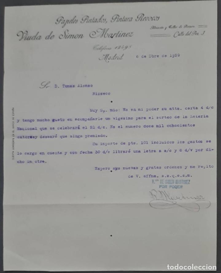 Cartas comerciais: Viuda de Sim&oacute;n Mart&iacute;nez. Papeles pintados y pintura Revocos. Madrid. Espa&ntilde;a 1929