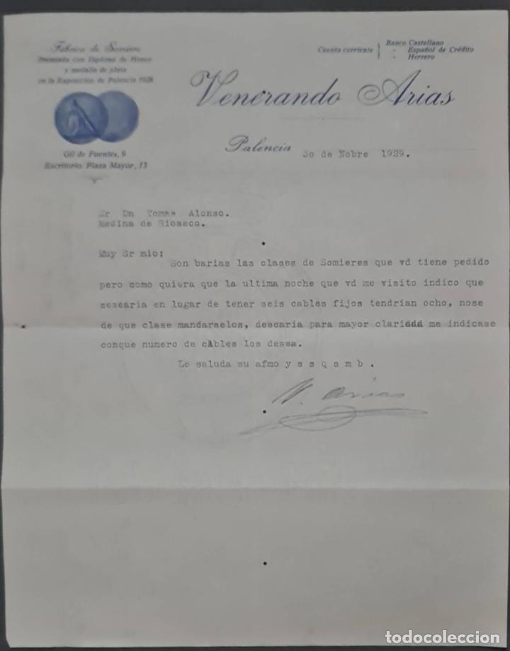Cartas comerciais: Venerando Arias. F&aacute;brica de Somiers. Palencia. Espa&ntilde;a 1929