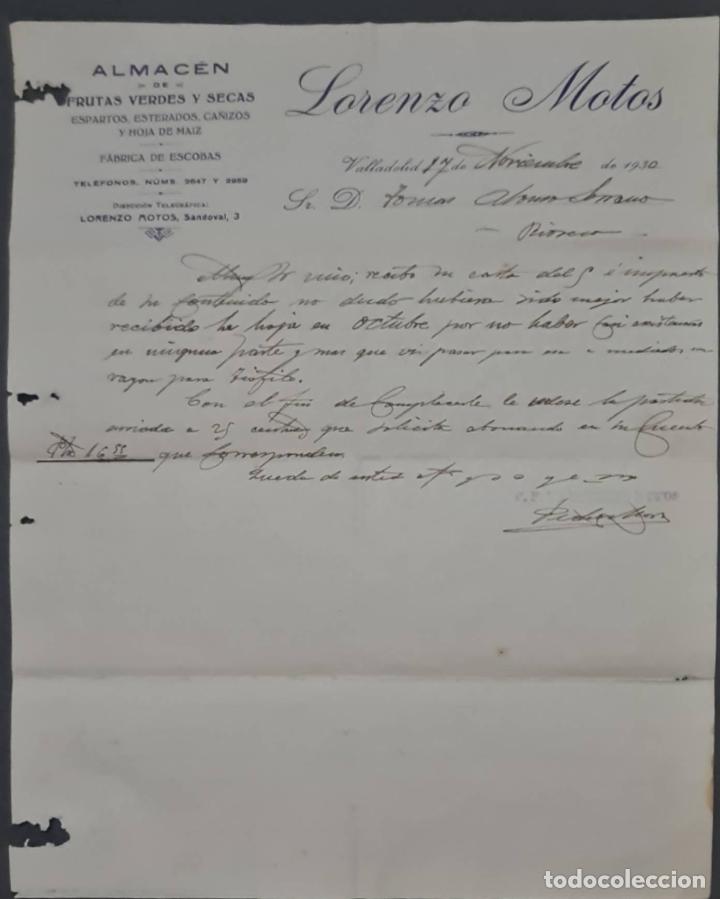 Cartas comerciais: Lorenzo Motos. Almac&eacute;n de frutas verdes y secas. Valladolid. Espa&ntilde;a 1930