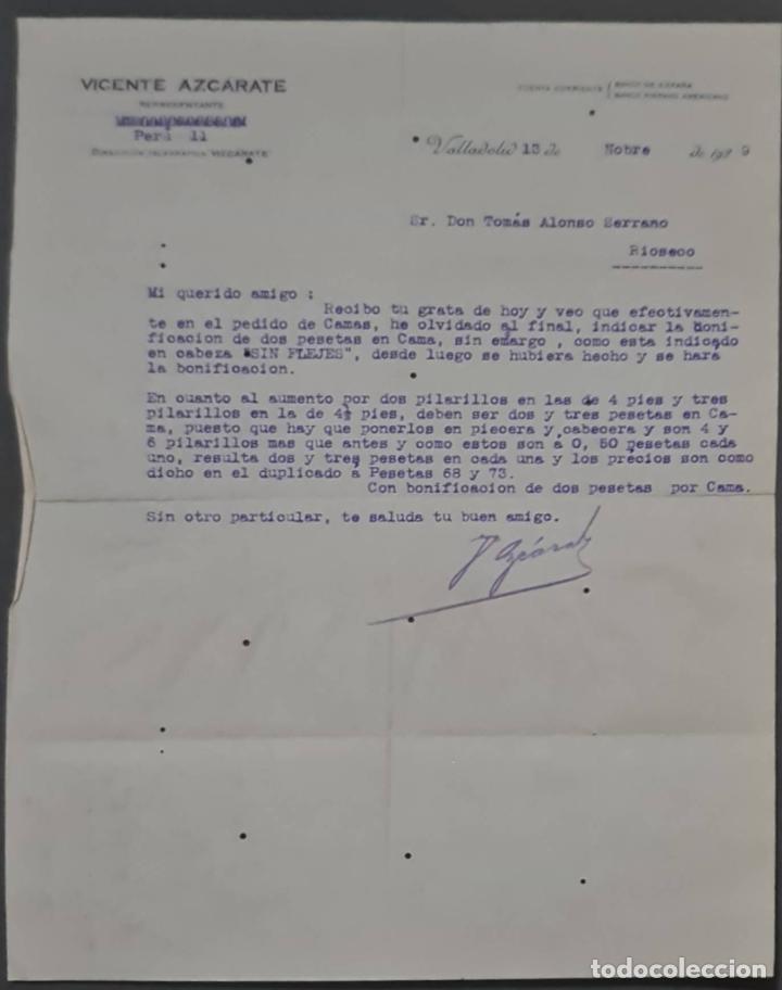 Cartas comerciais: Vicente Azc&aacute;rate. Representante. Valladolid. Espa&ntilde;a 1929