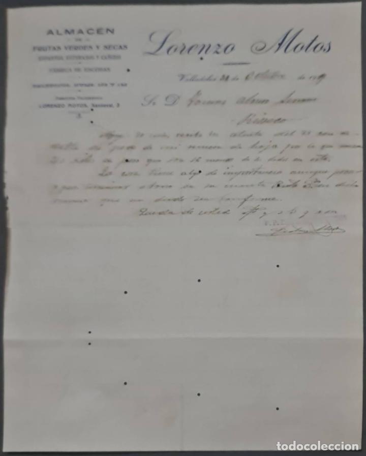 Cartas comerciais: Lorenzo Motos. Almac&eacute;n de frutas verdes y secas. Valladolid. Espa&ntilde;a 1929