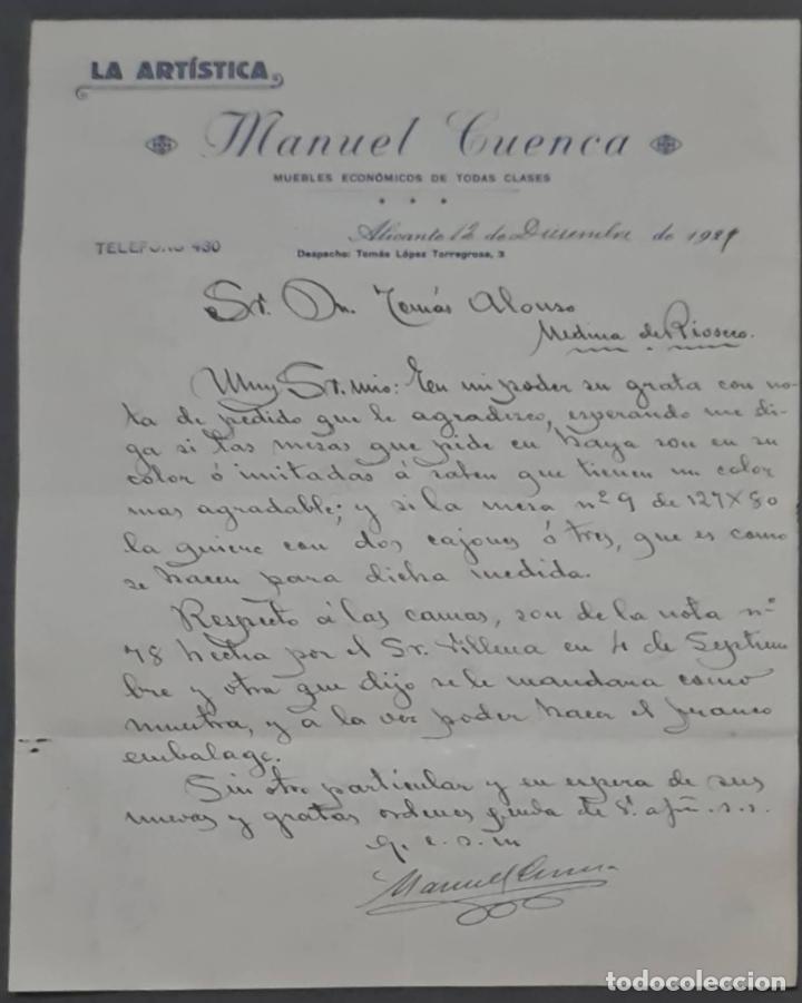 Cartas comerciais: Manuel Cuenca. La Art&iacute;stica. F&aacute;brica y Almac&eacute;n de muebles. Alicante. Espa&ntilde;a 1929