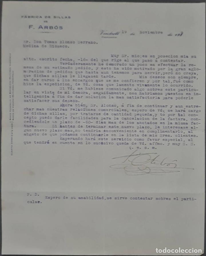 Cartas comerciais: F. Arb&oacute;s. F&aacute;brica de sillas. Tarragona. Espa&ntilde;a 1929