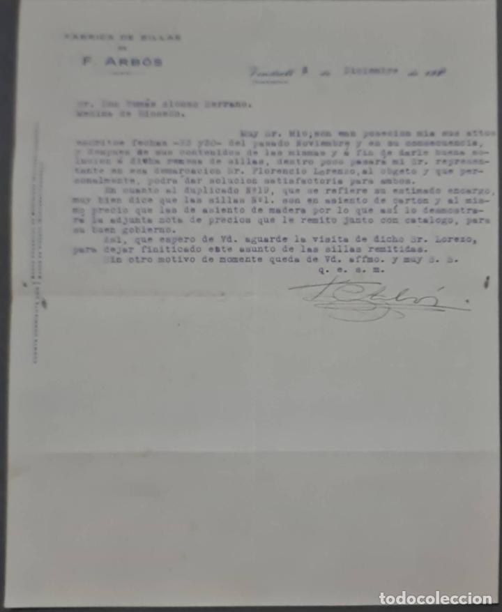 Cartas comerciais: F. Arb&oacute;s. F&aacute;brica de sillas. Tarragona. Espa&ntilde;a 1929