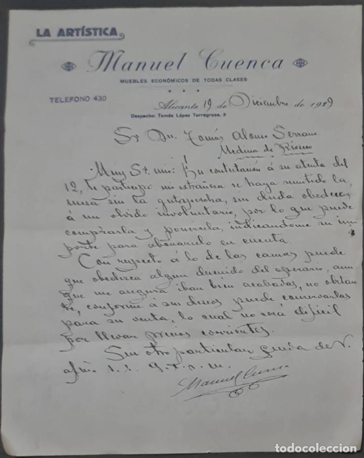 Cartas comerciais: Manuel Cuenca. La Art&iacute;stica. F&aacute;brica y Almac&eacute;n de muebles. Alicante. Espa&ntilde;a 1929