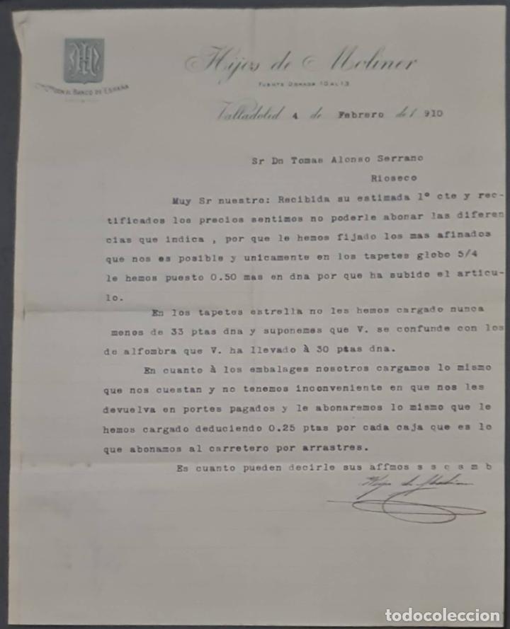 Cartas comerciais: Hijos de Moliner. Almac&eacute;n de quincalla, loza y cristal. Valladolid. Espa&ntilde;a 1910