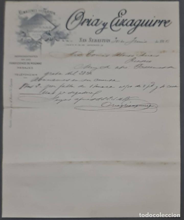 Cartas comerciais: Oria y Eizaguirre. Almacenes por Mayor. San Sebasti&aacute;n. Espa&ntilde;a 1910