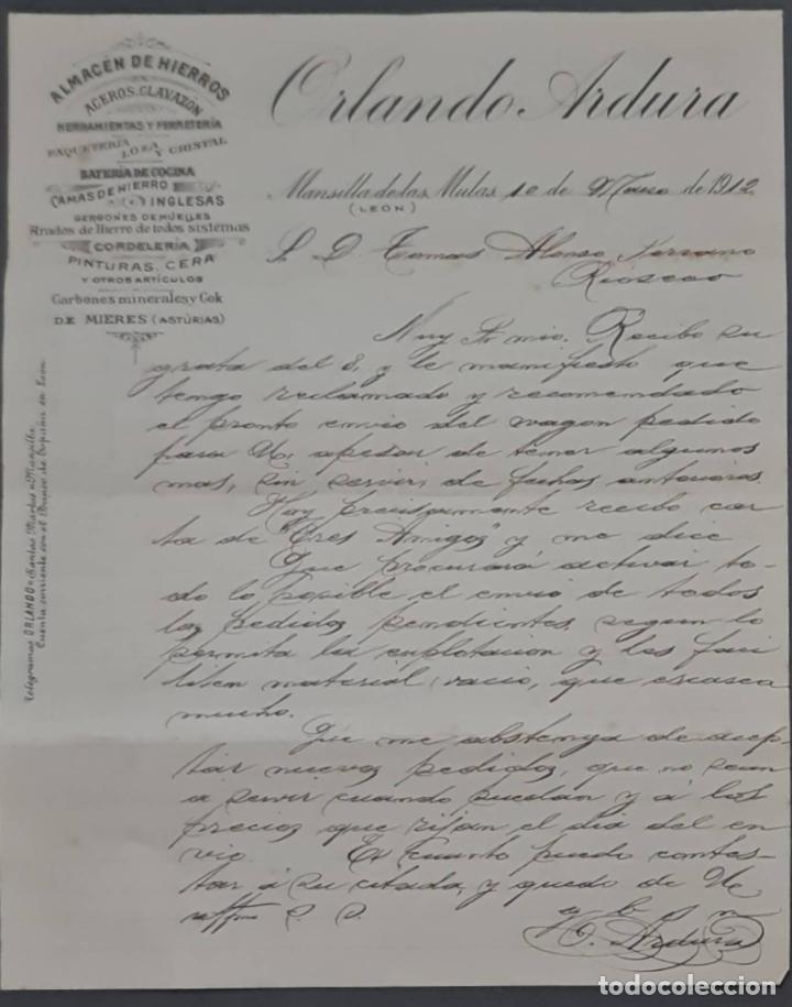 Cartas comerciais: Orlando Ardura. Almac&eacute;n de hierros. Herramientas y Ferreter&iacute;a. Le&oacute;n. Espa&ntilde;a 1912
