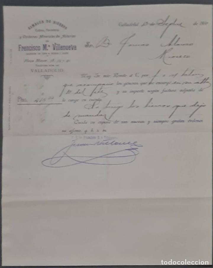 Cartas comerciais: Franc&iacute;sco M&ordf; Villanueva. Almac&eacute;n de hierros, cobres y Ferreter&iacute;a. Valladolid. Espa&ntilde;a 1910