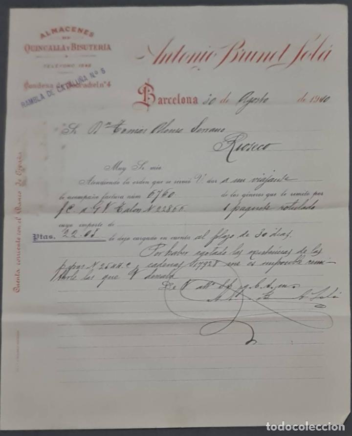 Cartas comerciais: Antonio Brunet Sol&aacute;. Almacenes de quincalla y Bisuter&iacute;a. Barcelona. Espa&ntilde;a 1910