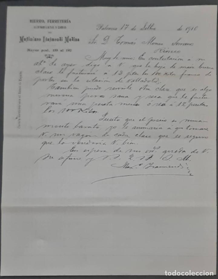 Cartas comerciais: Maximiano Isasmendi Madina. Hierro, Ferreter&iacute;a, Herramientas y camas. Palencia. Espa&ntilde;a 1910