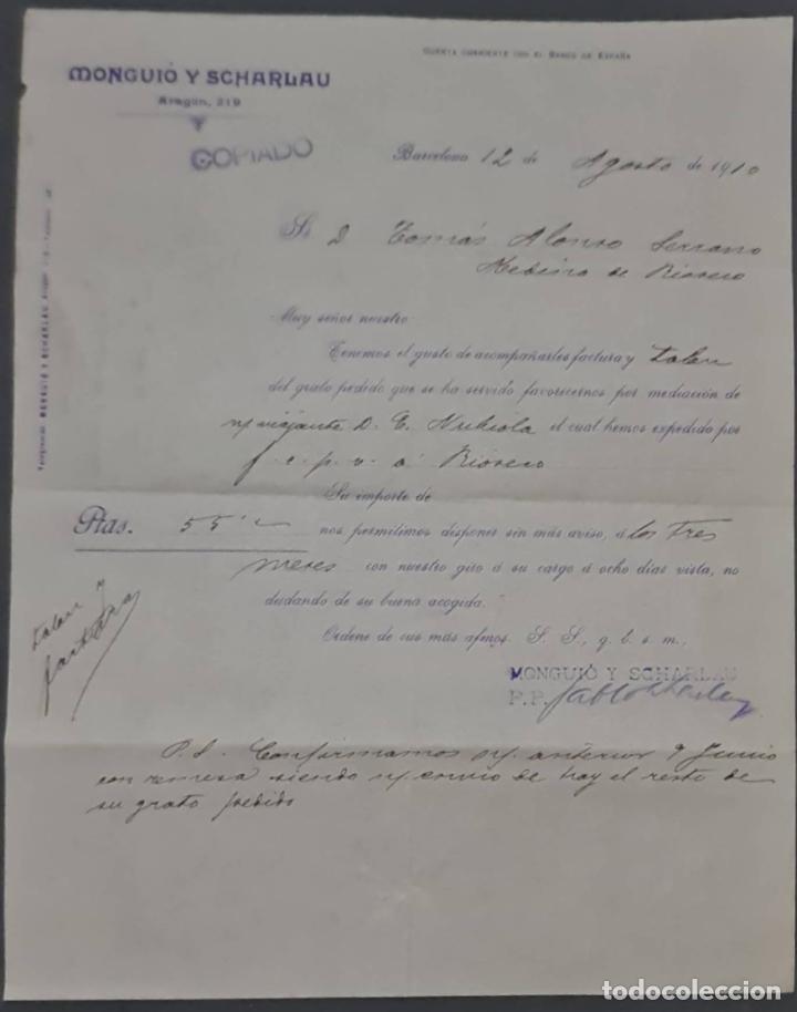 Cartas comerciais: Mongui&oacute; y Scharlau. Barnices para litograf&iacute;a. Barcelona. Espa&ntilde;a 1910