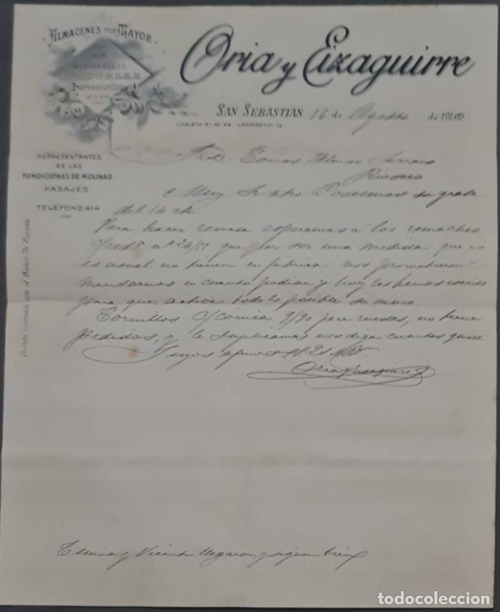 Cartas comerciais: Oria y Eizaguirre. Almacenes por Mayor. San Sebasti&aacute;n. Espa&ntilde;a 1910