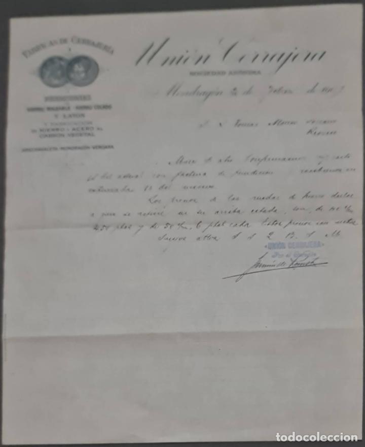 Cartas comerciales: Uni&oacute;n Cerrajera S.A. Mondrag&oacute;n. Espa&ntilde;a 1909