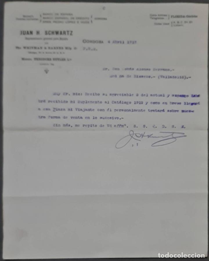 Cartas comerciais: Juan H. Schwartz. M&aacute;quinas agr&iacute;colas y piezas de recambio. C&oacute;rdoba. Espa&ntilde;a 1913
