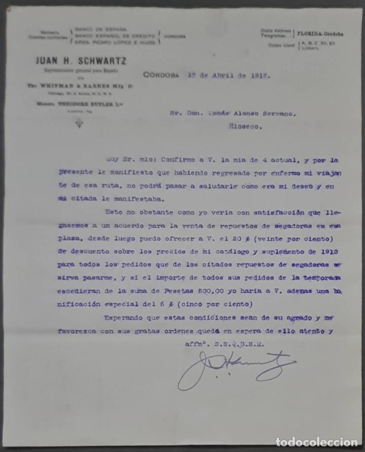 Cartas comerciais: Juan H. Schwartz. M&aacute;quinas agr&iacute;colas y piezas de recambio. C&oacute;rdoba. Espa&ntilde;a 1913