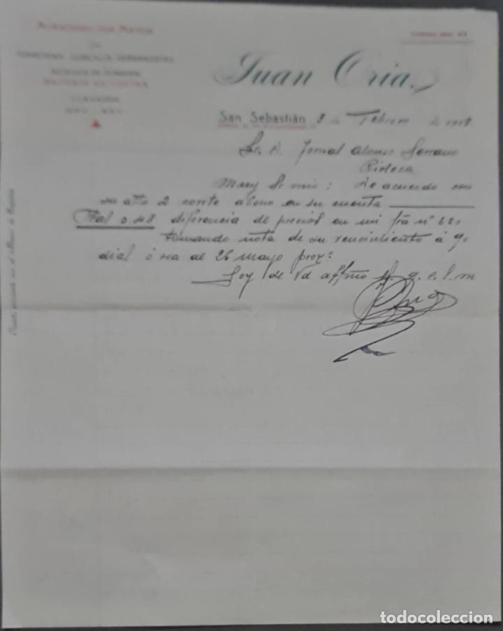 Cartas comerciais: Juan Oria. Almac&eacute;n por mayor de Ferreter&iacute;a, Quincalla y Herramientas. San Sebasti&aacute;n. Espa&ntilde;a 1913