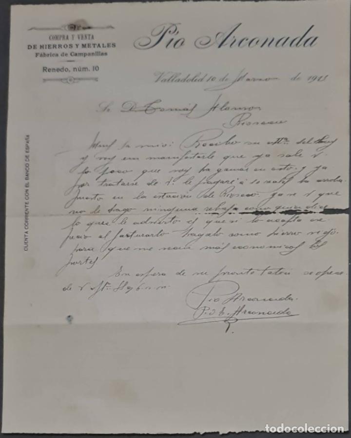 Cartas comerciais: P&iacute;o Arconada. Compra y venta de hierros y metales. F&aacute;brica de campanillas. Valladolid. Espa&ntilde;a 1913