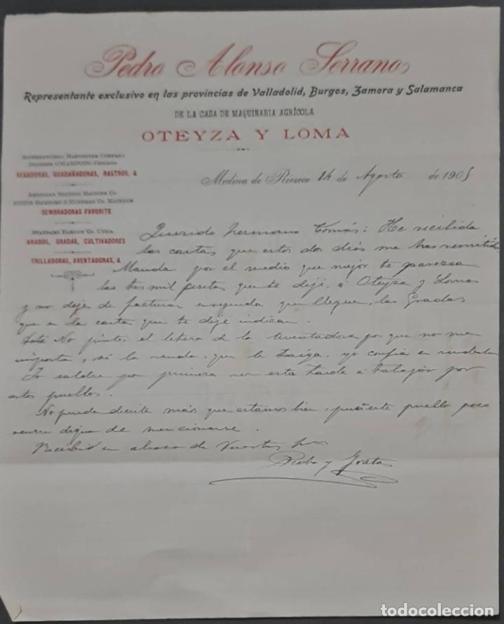 Cartas comerciales: Pedro Alonso Serrano. Representante maquinaria agr&iacute;cola Oteyza y Loma. Medina de Rioseco. Espa&ntilde;a1905