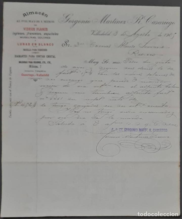 Cartas comerciais: Gorgonio Mart&iacute;nez R. Casariego. Almac&eacute;n al por mayor y menor de vidrios planos. Valladolid 1905
