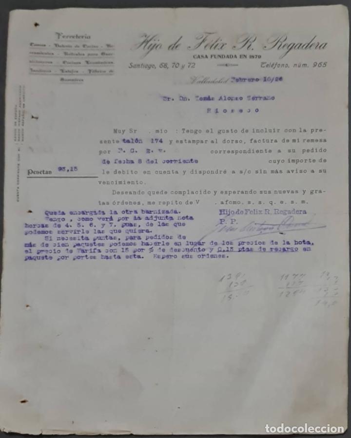 Cartas comerciais: Hijo de F&eacute;lix R. Regadera. Ferreter&iacute;a. Valladolid. Espa&ntilde;a 1926