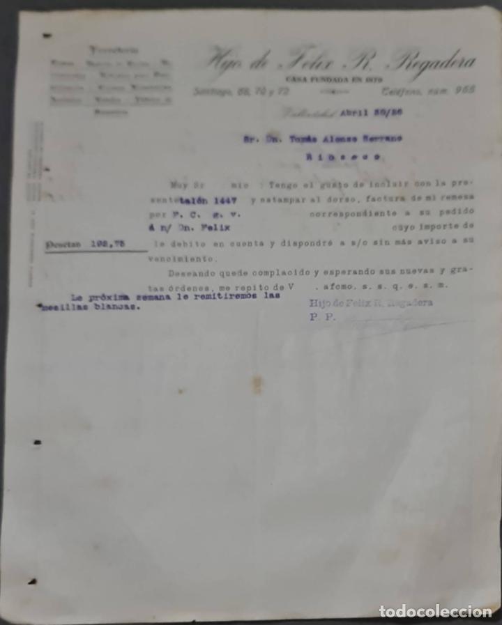 Cartas comerciais: Hijo de F&eacute;lix R. Regadera. Ferreter&iacute;a. Valladolid. Espa&ntilde;a 1926