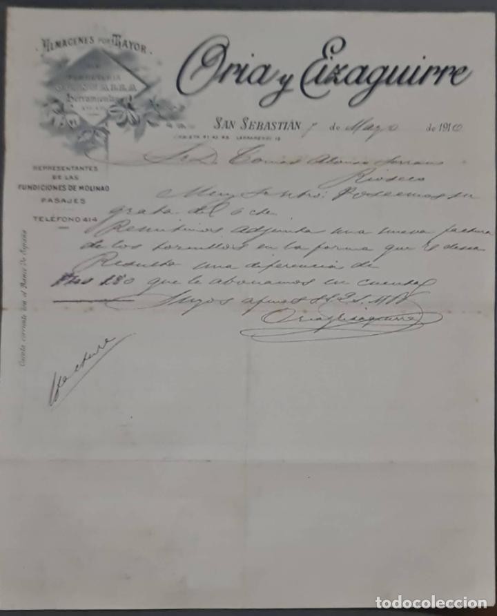 Cartas comerciais: Oria y Eizaguirre. Almacenes por Mayor. San Sebasti&aacute;n. Espa&ntilde;a 1910