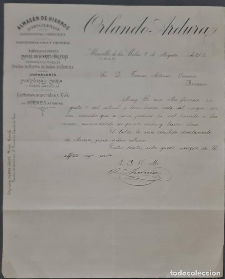 Cartas comerciais: Orlando Ardura. Almac&eacute;n de hierros. Herramientas y Ferreter&iacute;a. Le&oacute;n. Espa&ntilde;a 1905