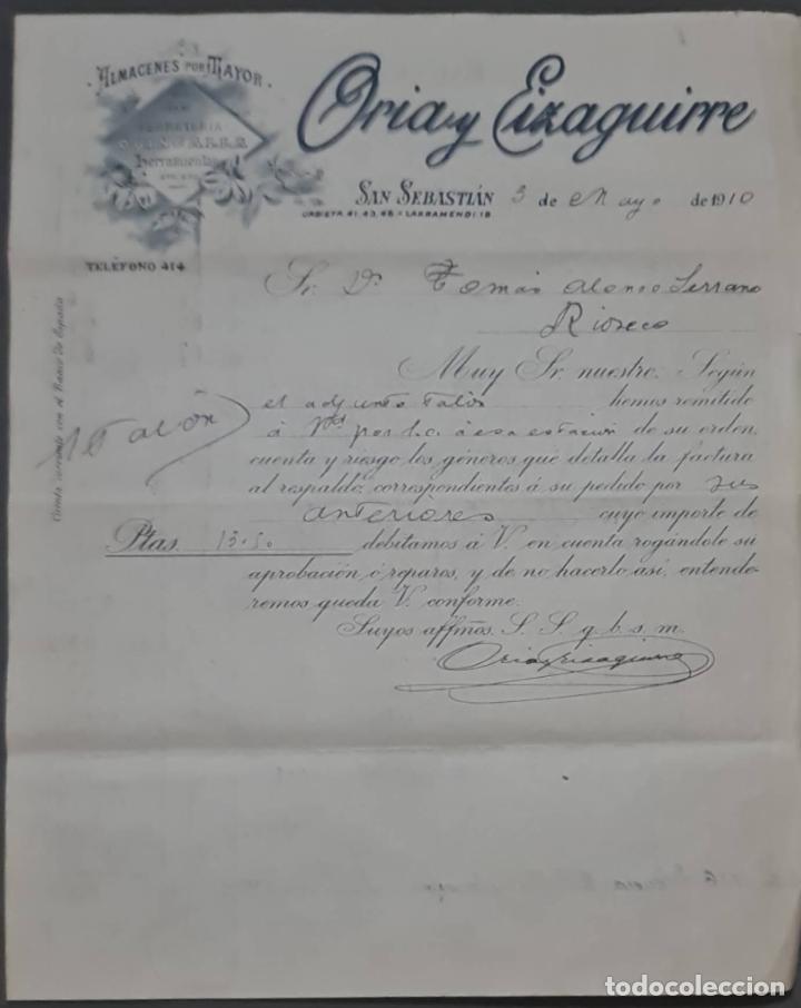 Cartas comerciais: Oria y Eizaguirre. Almacenes por Mayor. San Sebasti&aacute;n. Espa&ntilde;a 1910