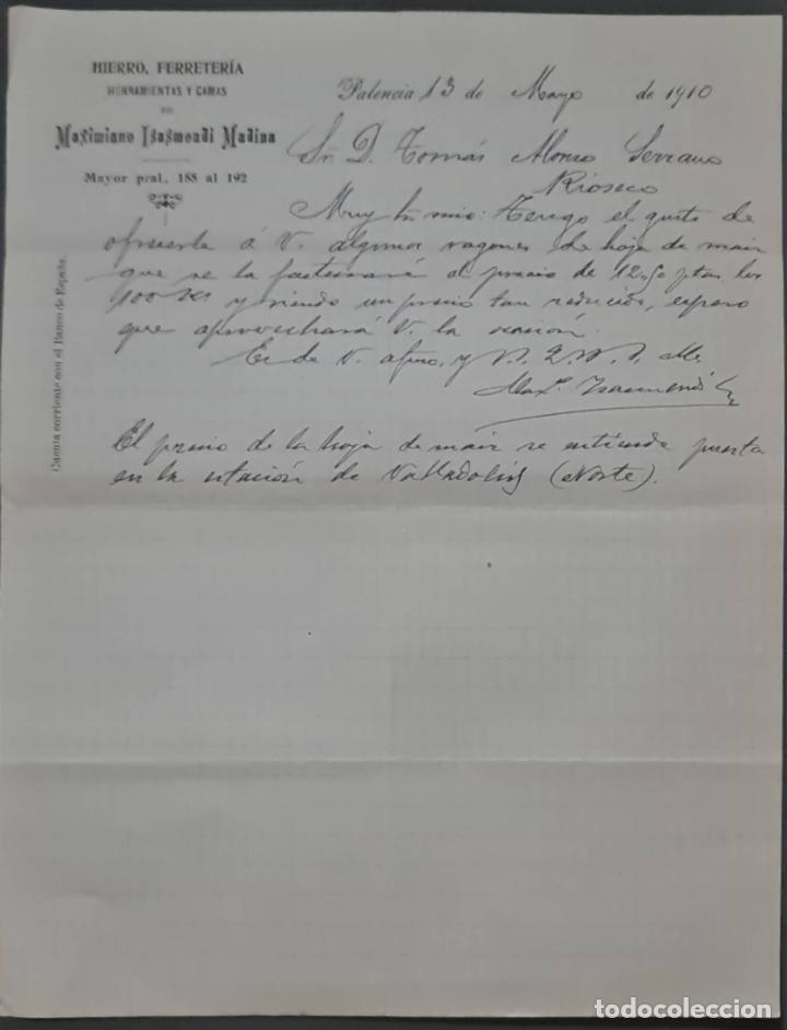 Cartas comerciais: Maximiano Isasmendi Madina. Hierro, Ferreter&iacute;a, Herramientas y camas. Palencia. Espa&ntilde;a 1910